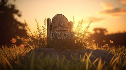 墓碑的日落剪影 3d 渲染