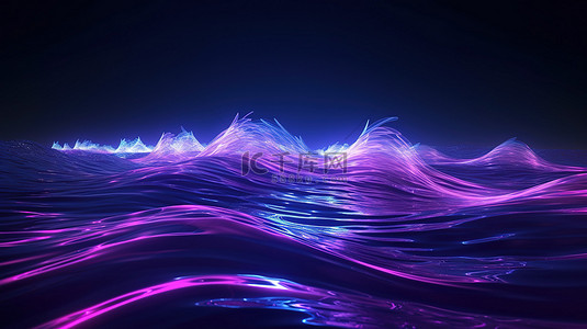 暗水照明的霓虹灯网络波和带有电子耀斑的紫色电路线的 3D 渲染