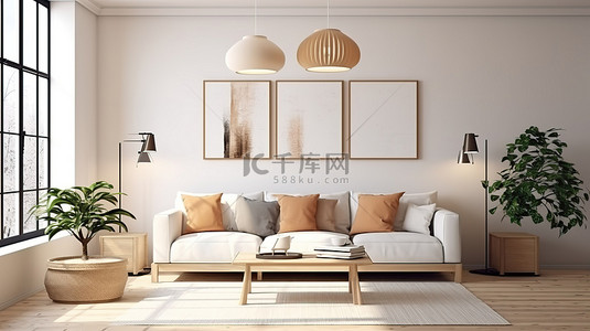 中性白墙 3D 渲染客厅配有木制斯堪的纳维亚风格家具