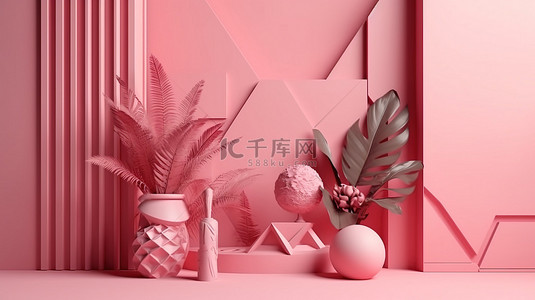 抽象粉红色几何背景 3d 渲染上的产品展示台和花卉装饰
