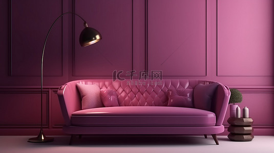 粉紫色家居背景图片_现代紫色室内设计，配有单人粉色沙发和 3D 渲染立灯