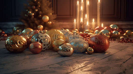节日风格背景图片_节日场景 3d 渲染的圣诞装饰品