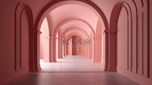 内部通道背景图片_带有拱形通道和粉红色墙壁的空内部的 3D 渲染