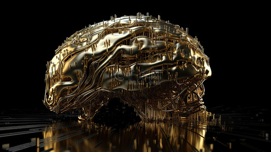 金色人工智能大脑的概念 3d 渲染与数字数据技术