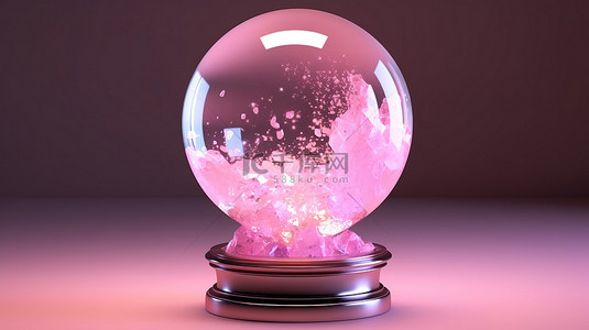 粉红色讲台的 3D 渲染与逼真的玻璃球水晶魔法装饰