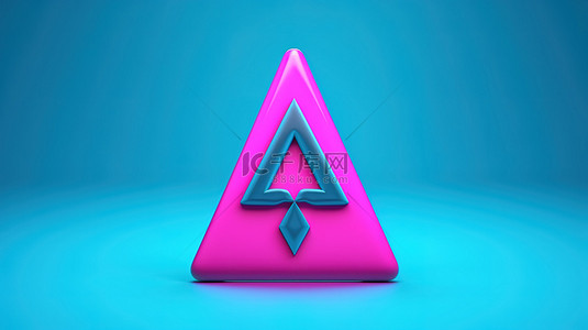 警报当心危险 3d 渲染双色调蓝色感叹号，粉红色背景上带有三角形