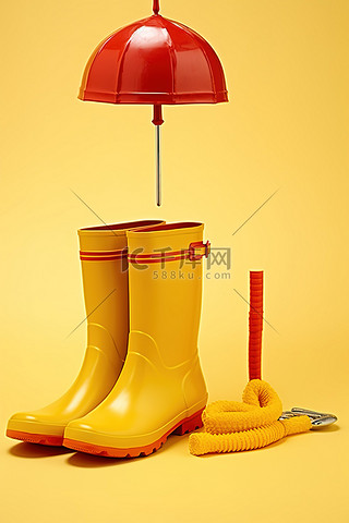 黄色背景中带雨伞的猎人猎人黄色雨靴