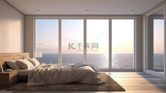 俯瞰大海的卧室的插图 3D 渲染