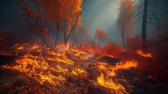 森林中的地狱 3d 渲染被火焰吞没的森林