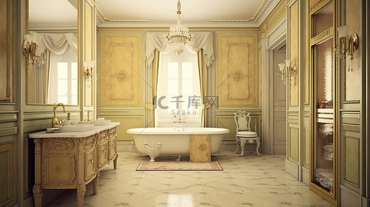 古典室内背景图片_令人惊叹的 3D 渲染使古典风格的浴室栩栩如生