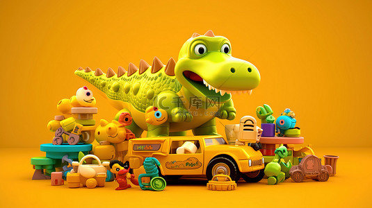 彩色长方形盒子背景图片_带有clayzilla的黄色背景儿童发育3D玩具