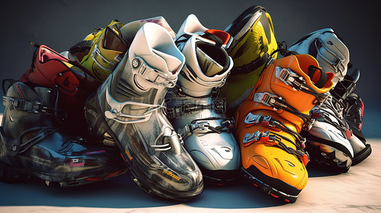 寒假安全背景图片_滑雪靴堆叠在 3d 渲染中