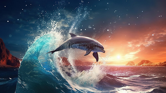 月光下的奇观 雄伟的海豚跃出水面的 3D 插图