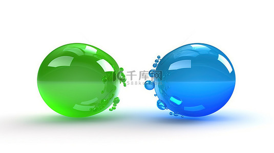 白色背景上 3D 隔离的蓝色和绿色聊天气泡
