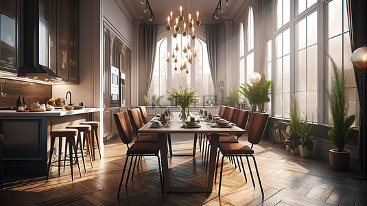 豪华客厅的精致 3D 设计，背景为用餐区