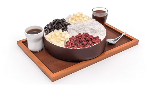 日本酵素背景图片_卡通风格 3D 渲染巧克力 bingsu 刨冰设置在白色背景隔离的托盘上