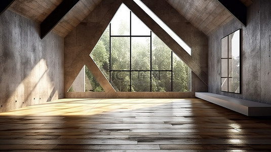 地板自然背景图片_装饰时尚的阁楼房间配有 3D 渲染混凝土梁和自然采光