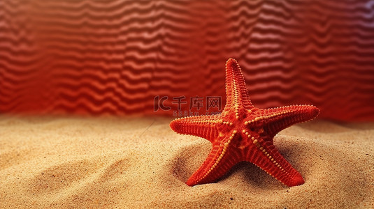 红色的珊瑚背景图片_沙质背景下红色加勒比海星的 3D 渲染
