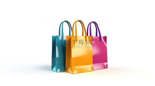 零售商业背景图片_充满活力的零售手提包独立站立在 3D 白色背景下