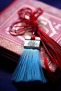 红色新年背景图片_红色流苏顶部的蓝色礼品包装纸