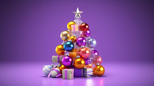 节日圣诞树丝带，配有彩色球和化妆品，以 3D 渲染呈现