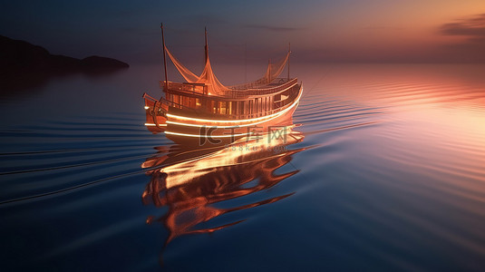 一艘木船在日落时穿过 3d 创建的光迹