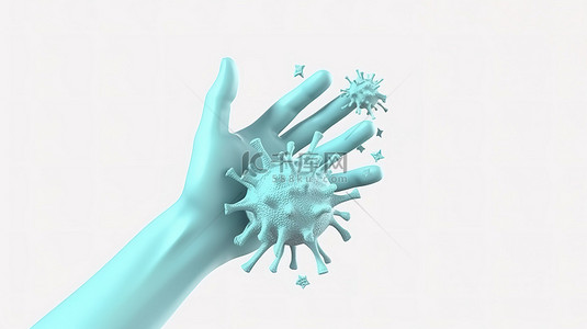 卫生消毒背景图片_最小的卡通风格 3D 渲染图，显示一只手被白色背景上隔离的病毒包围，这是卫生和健康的概念