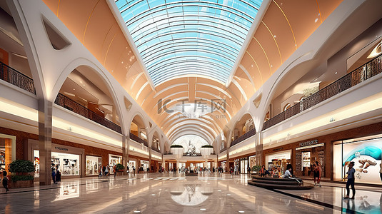 购物中心室内设计的 3D 渲染
