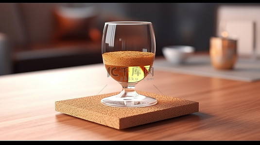 样机纸张背景图片_木桌展示软木垫啤酒杯垫的 3D 渲染