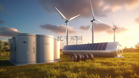 储能背景图片_氢气发电背景下带有太阳能电池板风力涡轮机和集装箱单元的储能罐的 3D 渲染