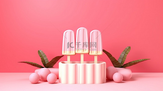 棍子和粉红色背景上的简单冰冻喜悦，带有热带度假氛围 3D 渲染