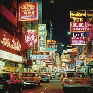 夜景背景图片_香港街道上的霓虹灯