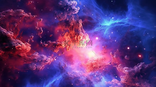 星空背景图片_星团状星系中的彩色气体云和行星 3d 渲染抽象空间