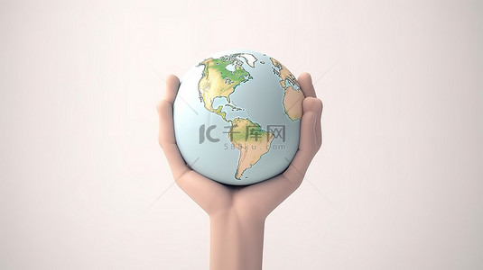 手持地球仪和制作和平标志的 3d 卡通插图，象征着世界和平和制止暴力的重要性
