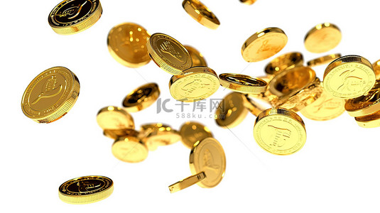 3D 插图中白色背景上的加密货币商业纸币和金币雨