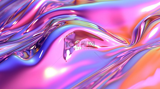 使用 3D 渲染技术创建的虹彩液体抽象背景中令人惊叹的金属反射和光折射
