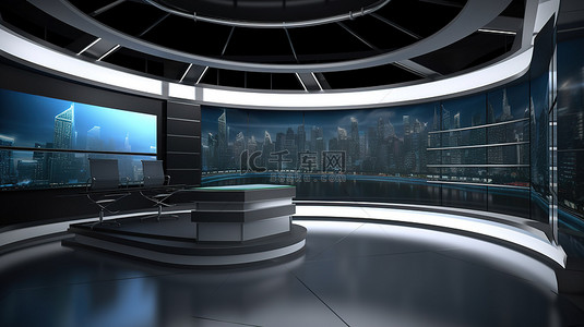 新闻虚拟室背景图片_虚拟新闻演播室的 3D 插图背景