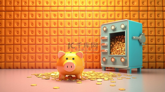 储蓄和安全 存钱罐和带硬币的锁定存款箱的 3D 插图