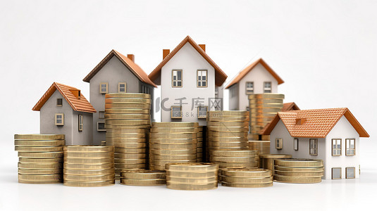 带房子的硬币堆象征着白色背景下的 3D 房地产投资或住房贷款概念