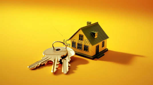 出租房屋背景图片_带一组钥匙的微型房屋的 3D 渲染