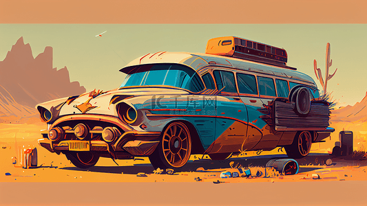 汽车沙漠插画背景