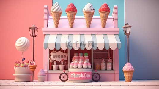 草莓冰淇淋实物背景图片_小企业概念时尚糖果店，配有冰淇淋 3D 插图