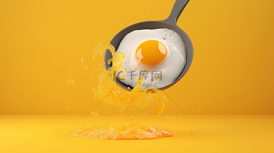 盘中的美食背景图片_鸡蛋 cellent 3d 插图煎鸡蛋在飞盘中飞翔在黄色背景上