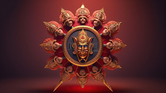 印度文化背景图片_在十头节庆祝活动中手持剑和盾的 ravana 的 3d 插图