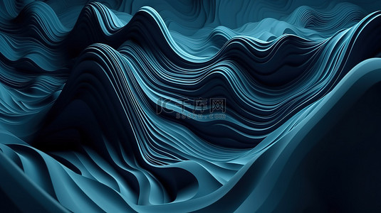 抽象蓝色壁纸的 3D 渲染，带有波浪和线条设计，唤起梦幻般的氛围