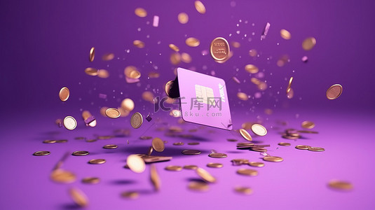 3D 渲染插图紫色背景，带有浮动硬币和信用卡，强调无现金社会和省钱