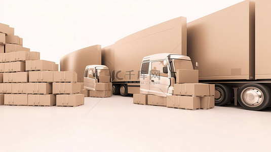 一组纸箱伴随着一辆 3d 渲染的卡车
