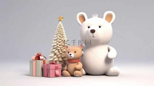 可爱兔子红色背景图片_圣诞快乐 3D 渲染了兔子和熊的插图，礼物站在树旁