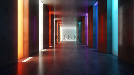 具有几何线条和充满活力的彩色灯光的混凝土走廊的 3D 渲染