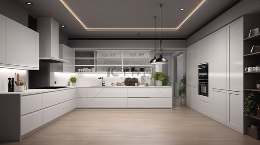 以 3D 渲染呈现的厨房室内设计